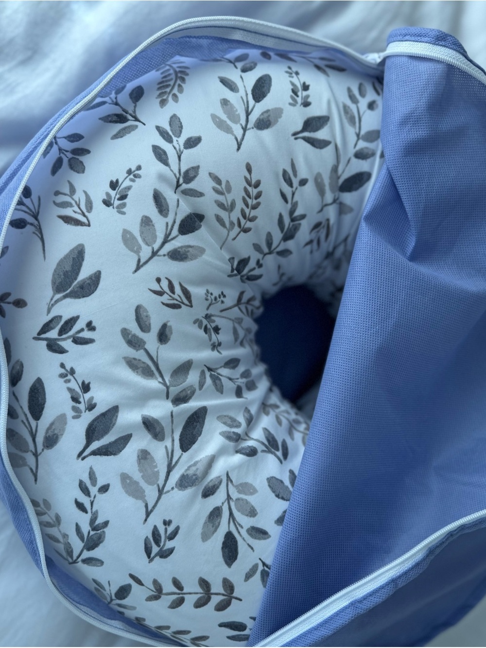 Boppy Nursing Pillow with Gray Leaf Print Cover